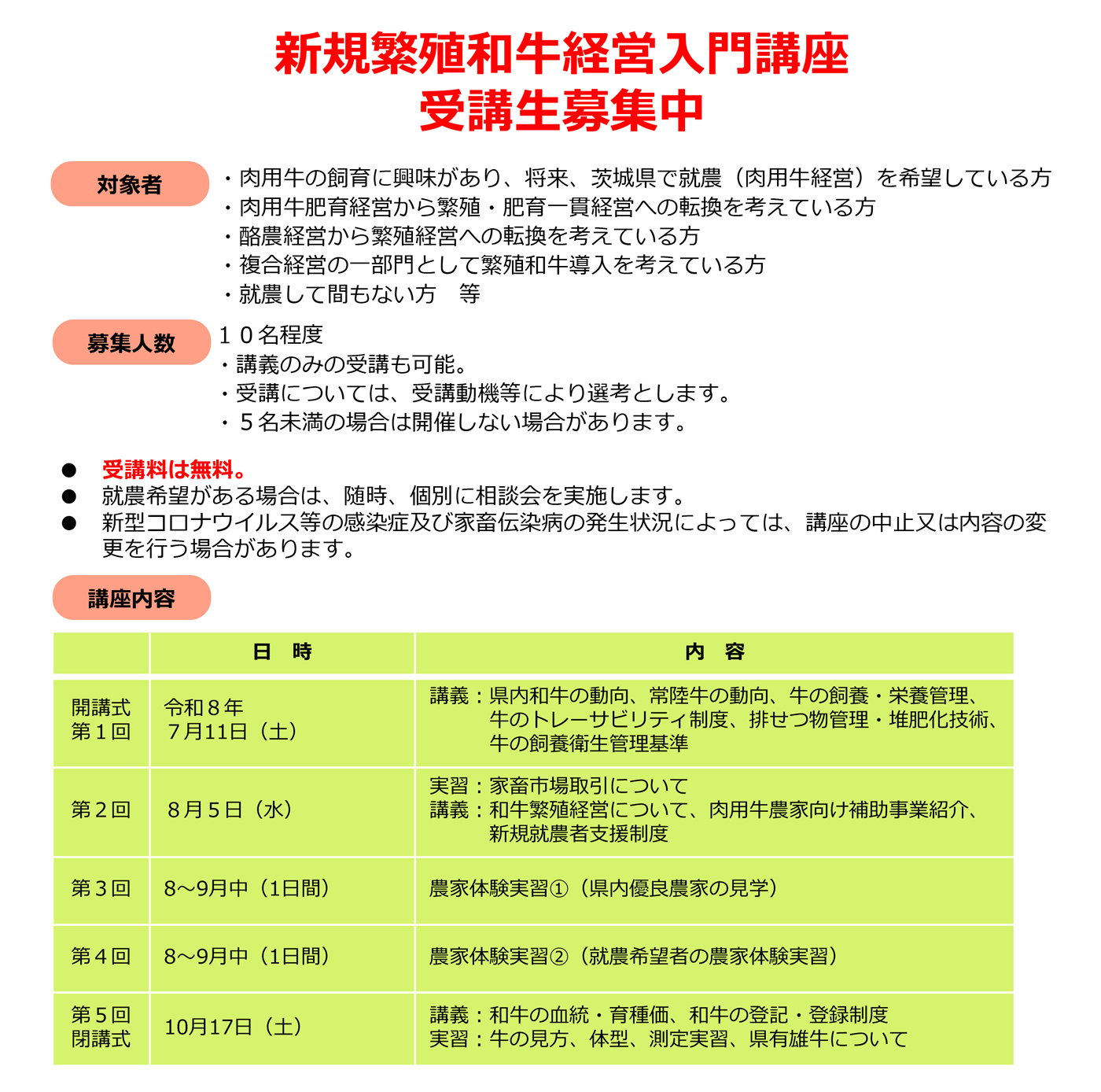 新規繁殖和牛経営入門講座　令和８年度受講生募集！